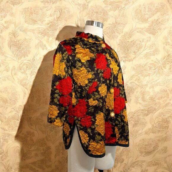 Vintage 1960s Quilted Floral Butterfly Jacket Red Yellow Blazer Medium - Picture 2 of 8
